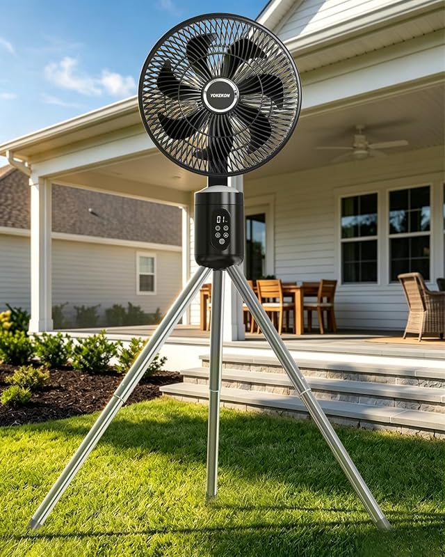 Cordless Outdoor Patio Fan with Light, Remote, 8 Speeds, Timer, Oscillating