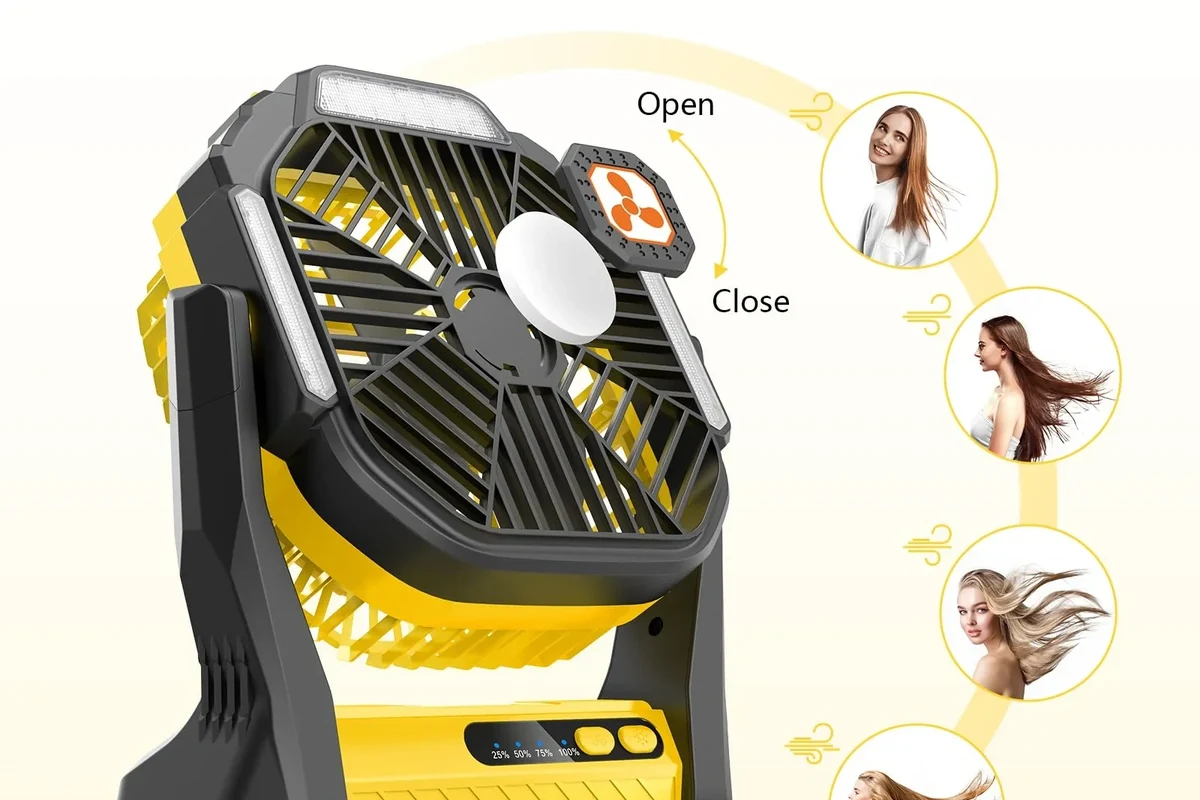Rechargeable travel fan packed safely beside luggage items for air travel