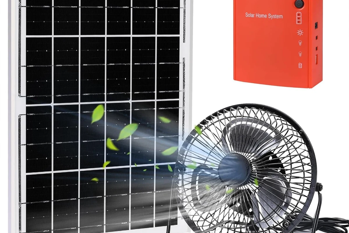 Rechargeable solar fan on a table beside a portable solar panel in a bright home setting