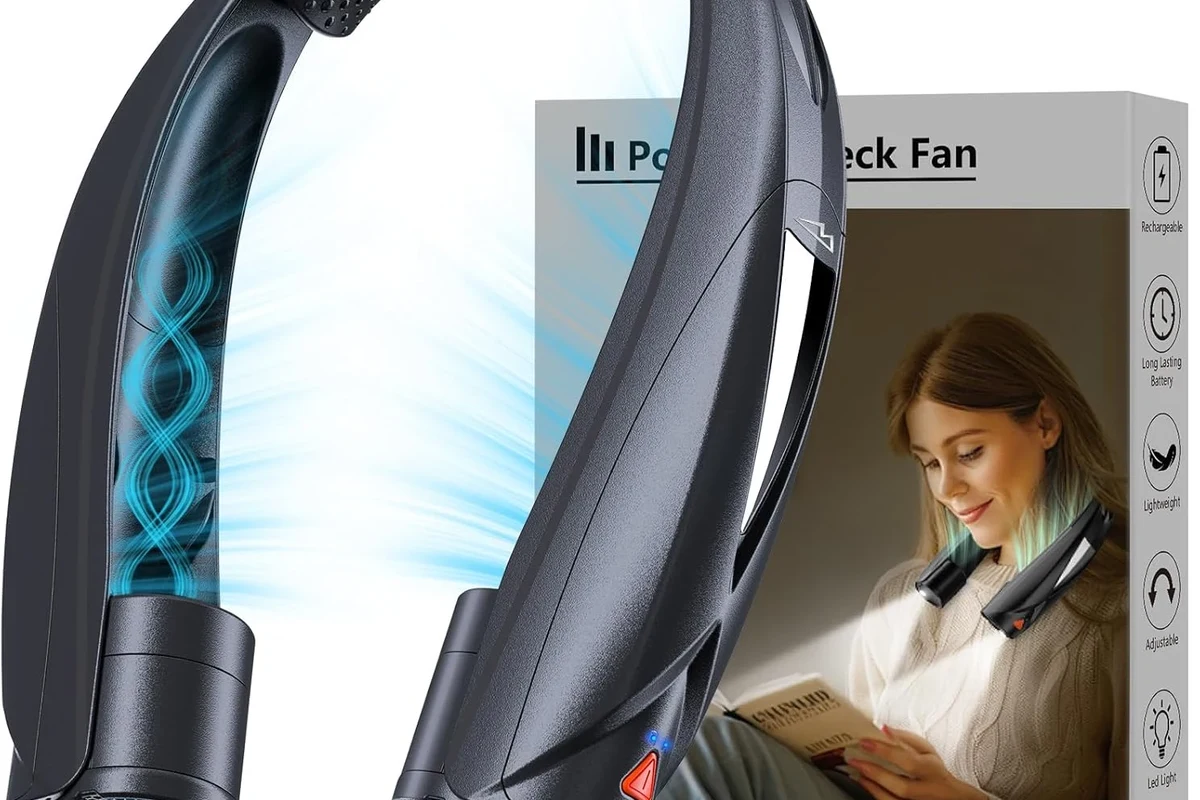 Person wearing a neck fan correctly for hands-free cooling indoors