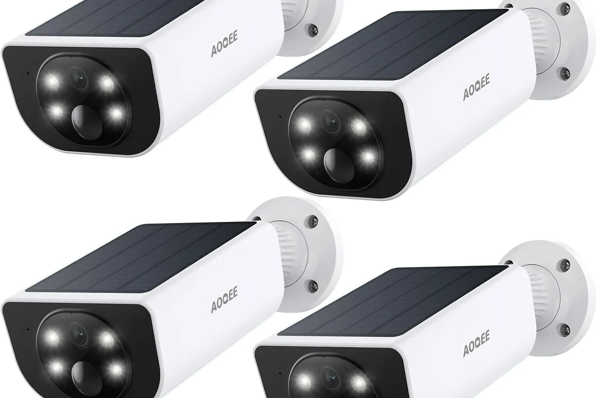 Aoqee-style smart home security camera mounted near a doorway in a modern house
