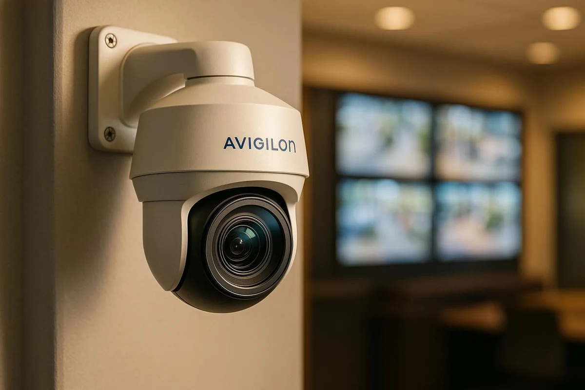 Avigilon security camera mounted indoors beside network cabling and setup paperwork