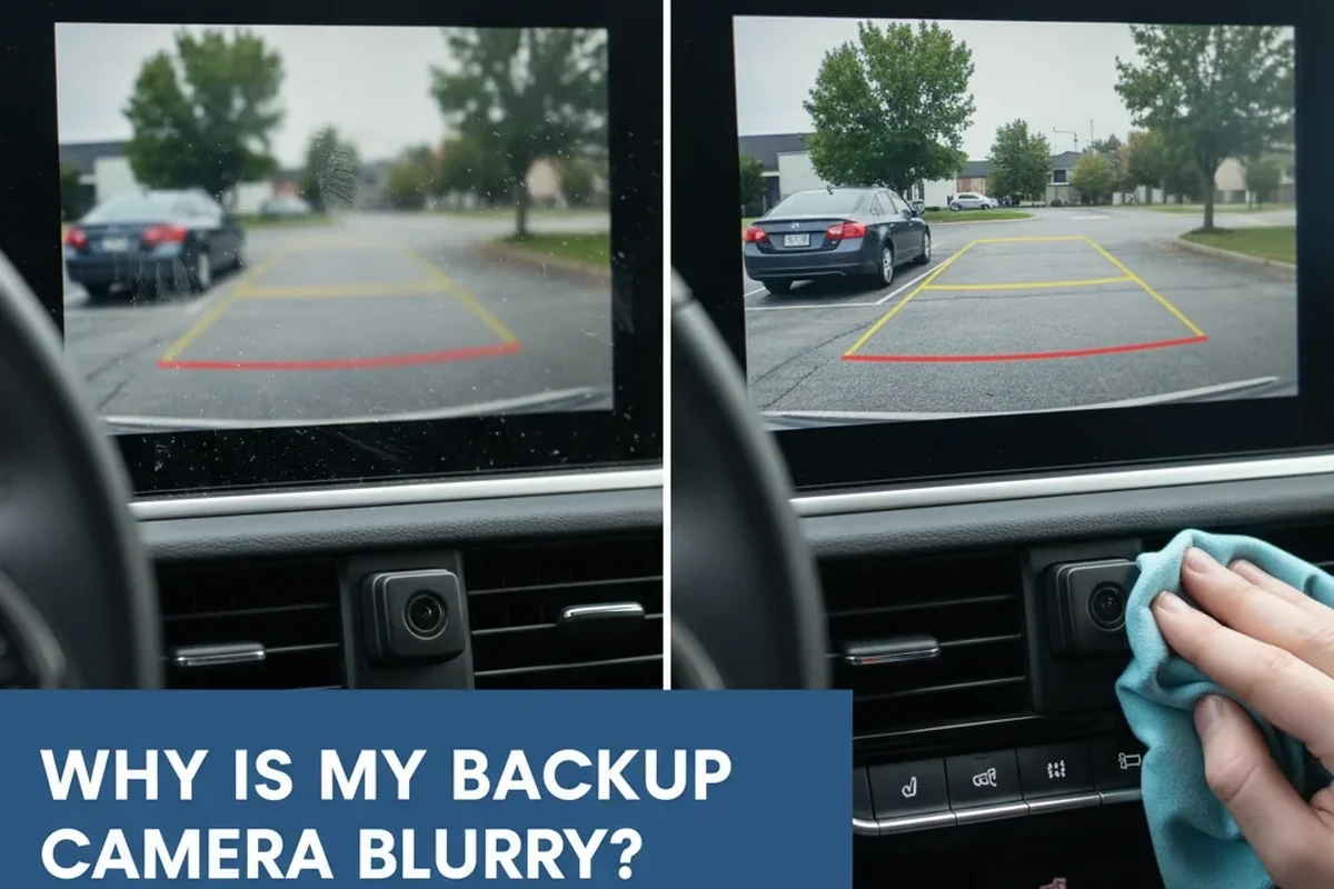 Blurry backup camera view on a car display with rear parking area visible