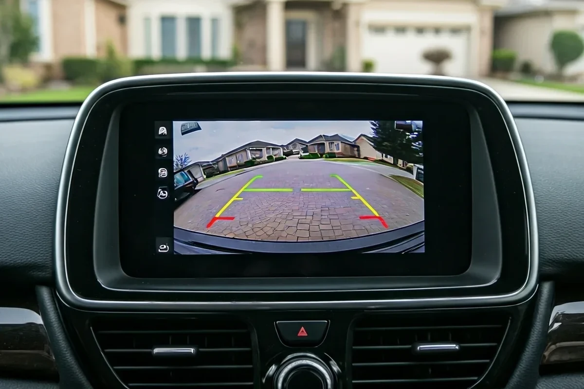 Car dashboard display showing a rearview backup camera image while reversing