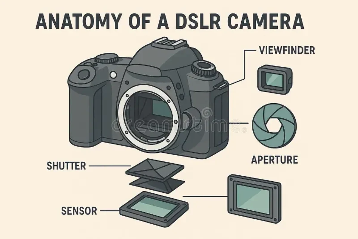 Camera body diagram showing lens, sensor, screen, controls, battery, and memory card