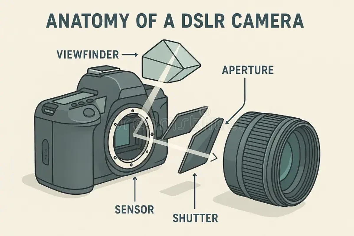Camera body diagram showing lens, sensor, screen, controls, battery, and memory card