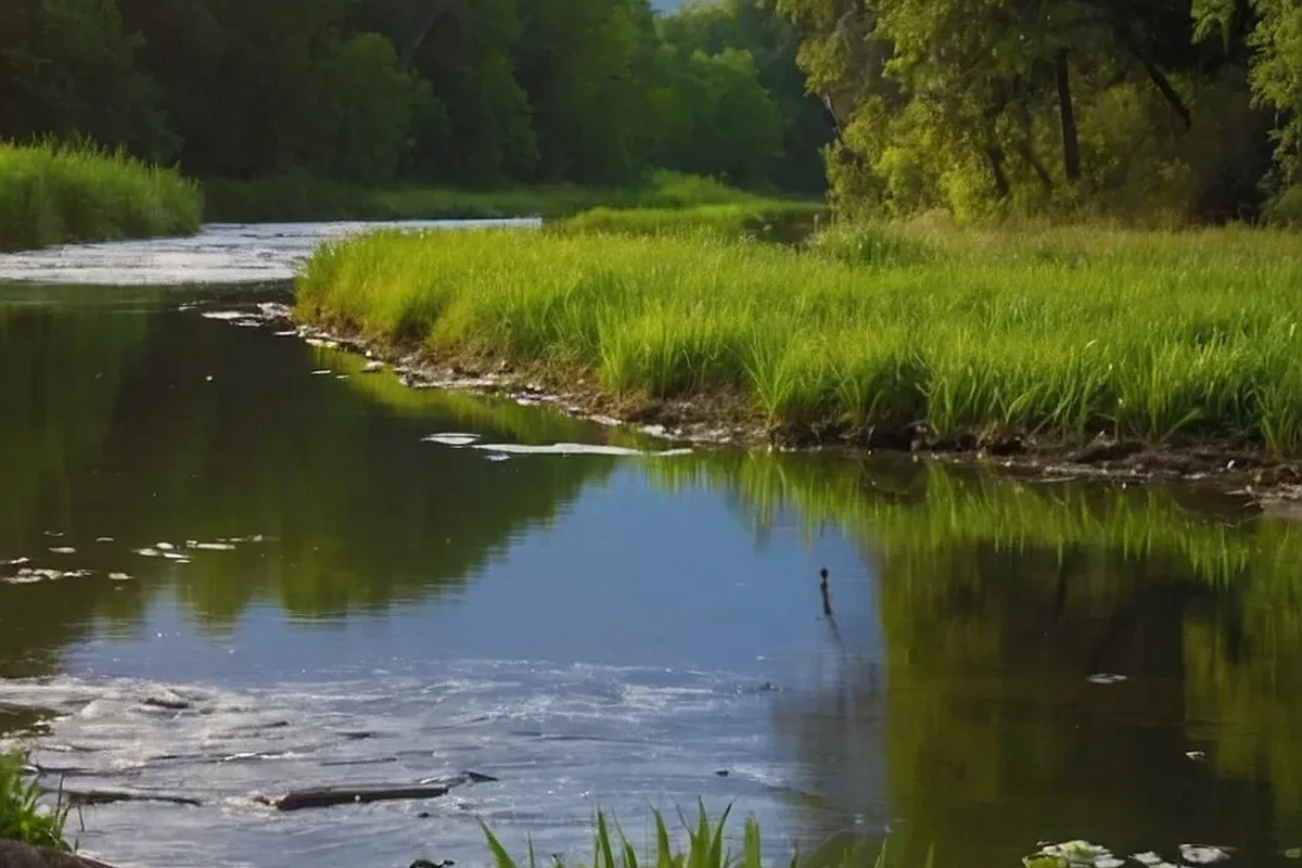Camera on tripod photographing a river with flowing water and rocky banks at golden hour