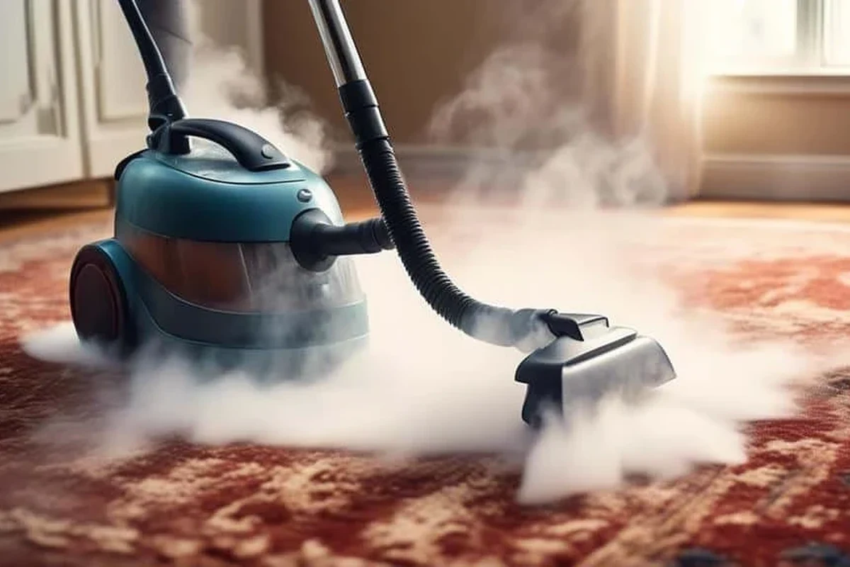 Steam cleaner treating a carpet edge to remove fleas in a home