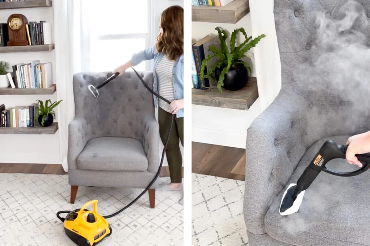 Steam cleaner removing grime from tile and grout in a modern home cleaning scene