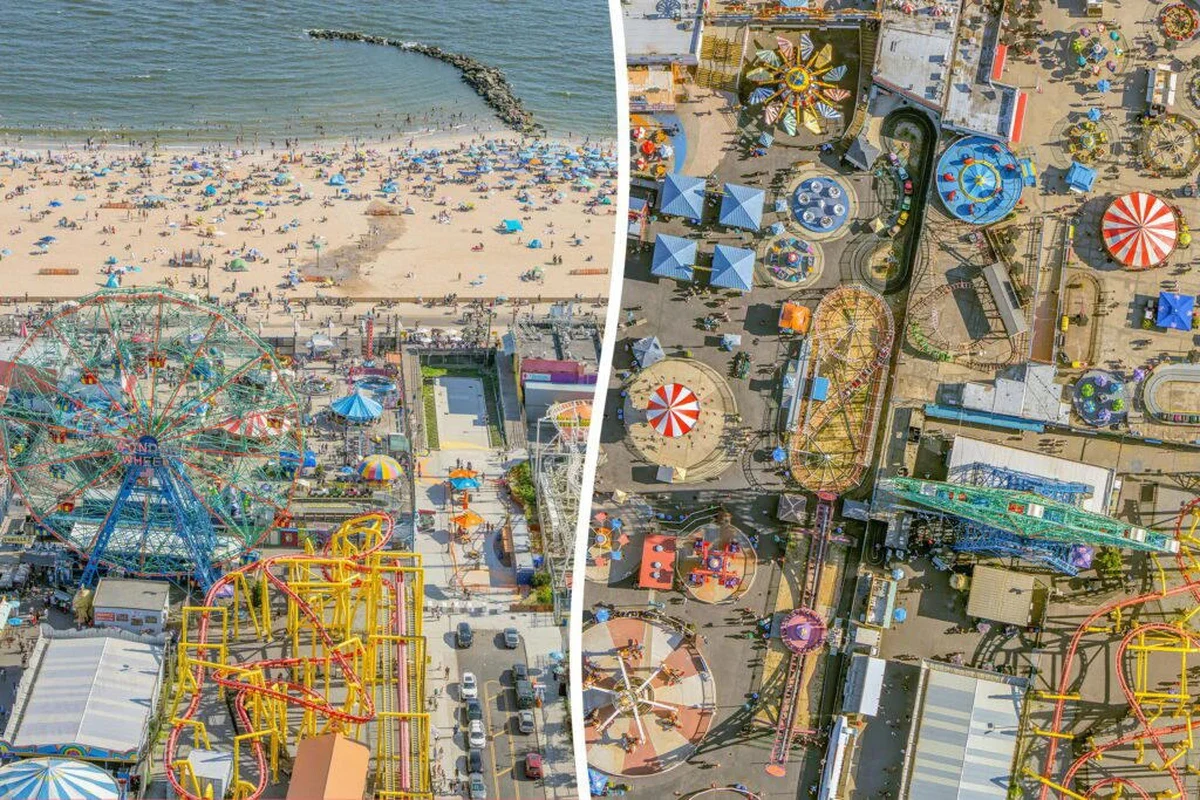 Camera setup for Coney Island boardwalk photos with Ferris wheel and ocean in the background