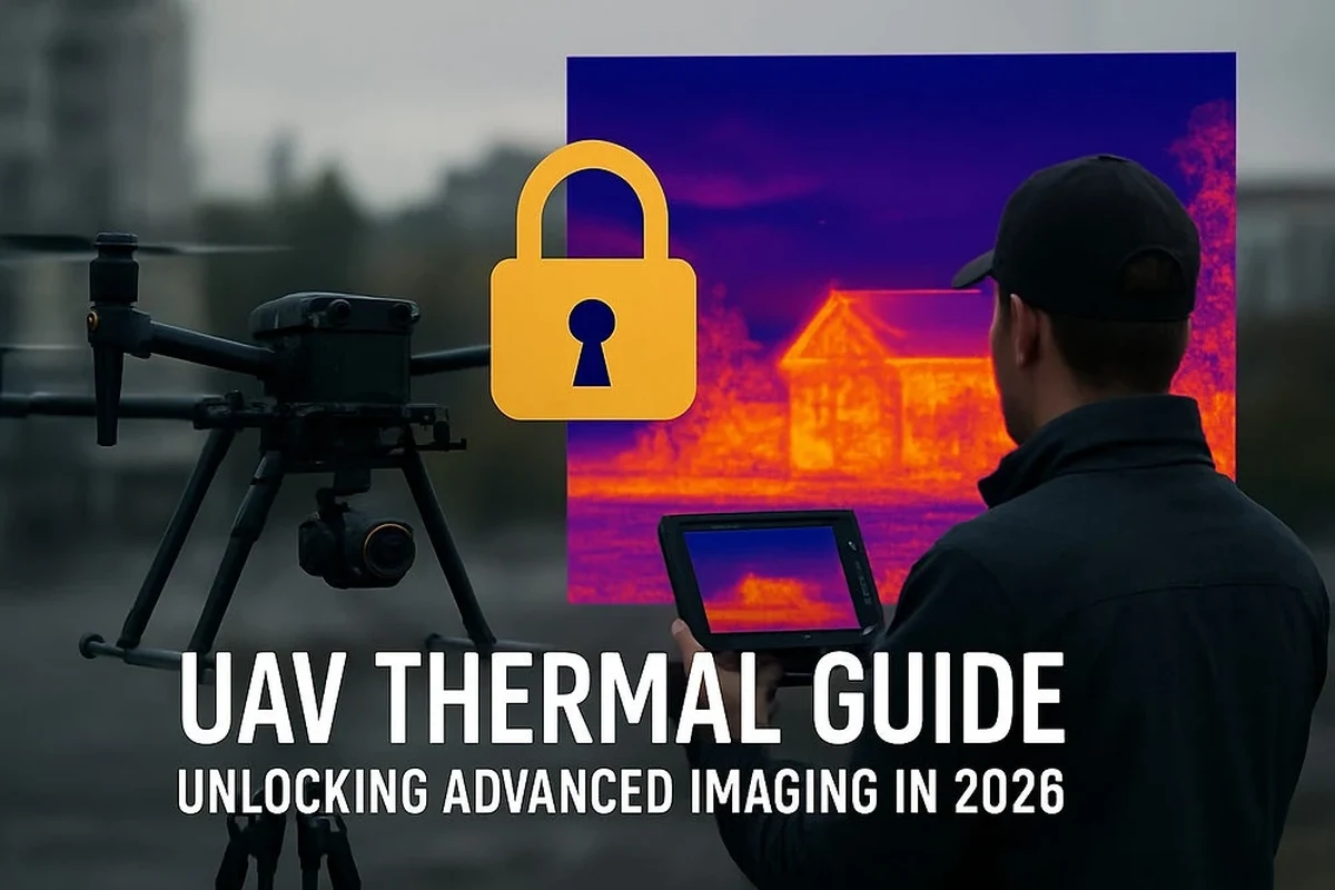 Compact drone with thermal imaging camera flying above a house roof at dusk