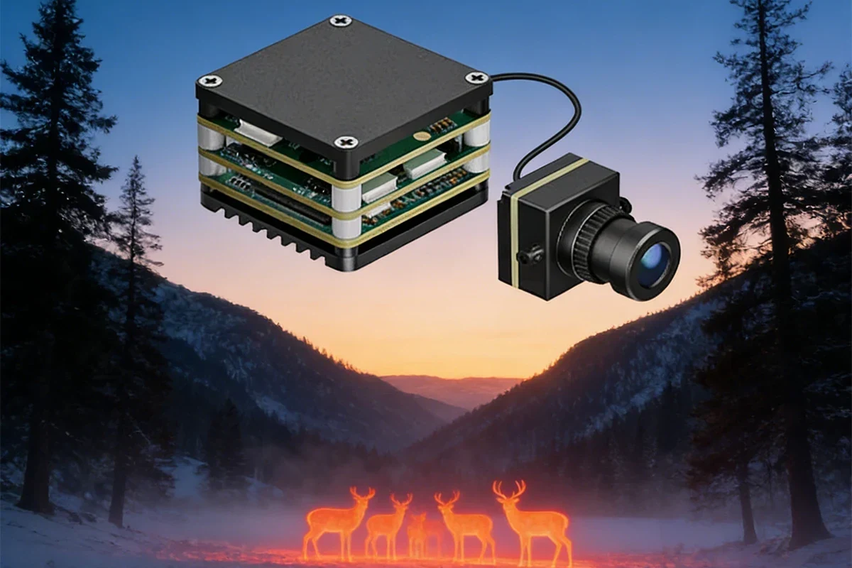 Compact drone with thermal imaging camera flying above a house roof at dusk
