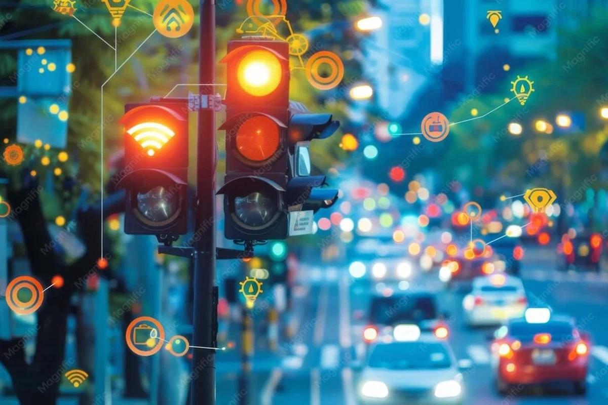 Traffic light at an intersection with roadside sensor hardware and no visible camera lens