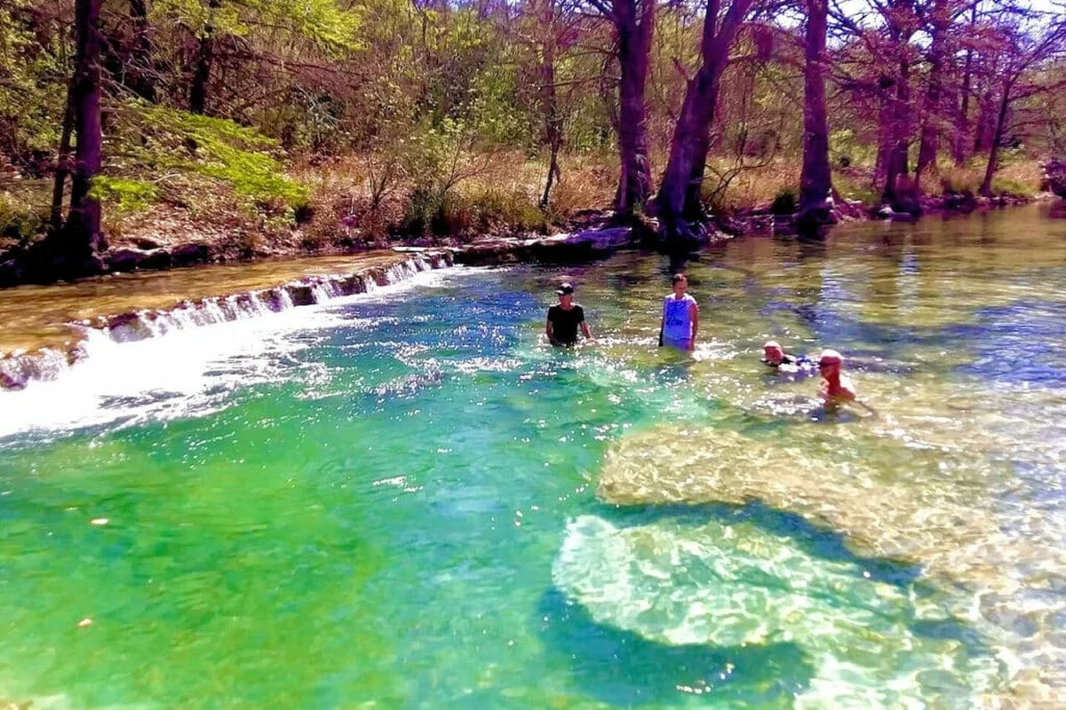 Live webcam view of the Frio River with calm water and scenic riverbank surroundings