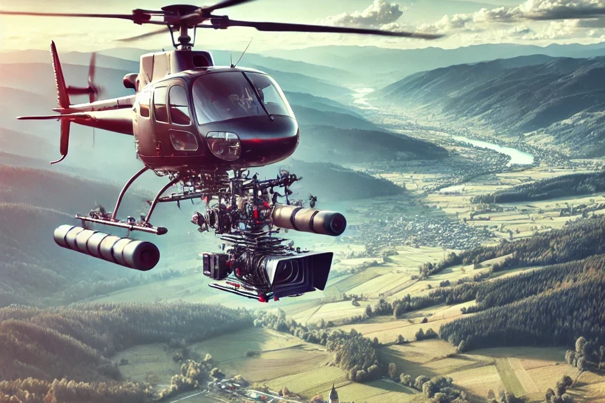 Helicopter-mounted camera capturing a wide aerial landscape during flight