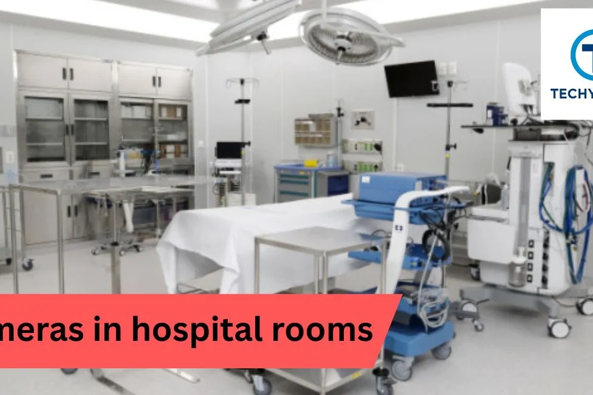 Hospital room with discreet wall-mounted monitoring camera and privacy-conscious clinical setting