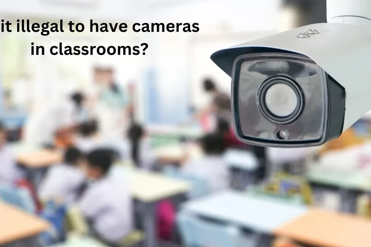 Classroom security camera mounted near the ceiling in a school hallway