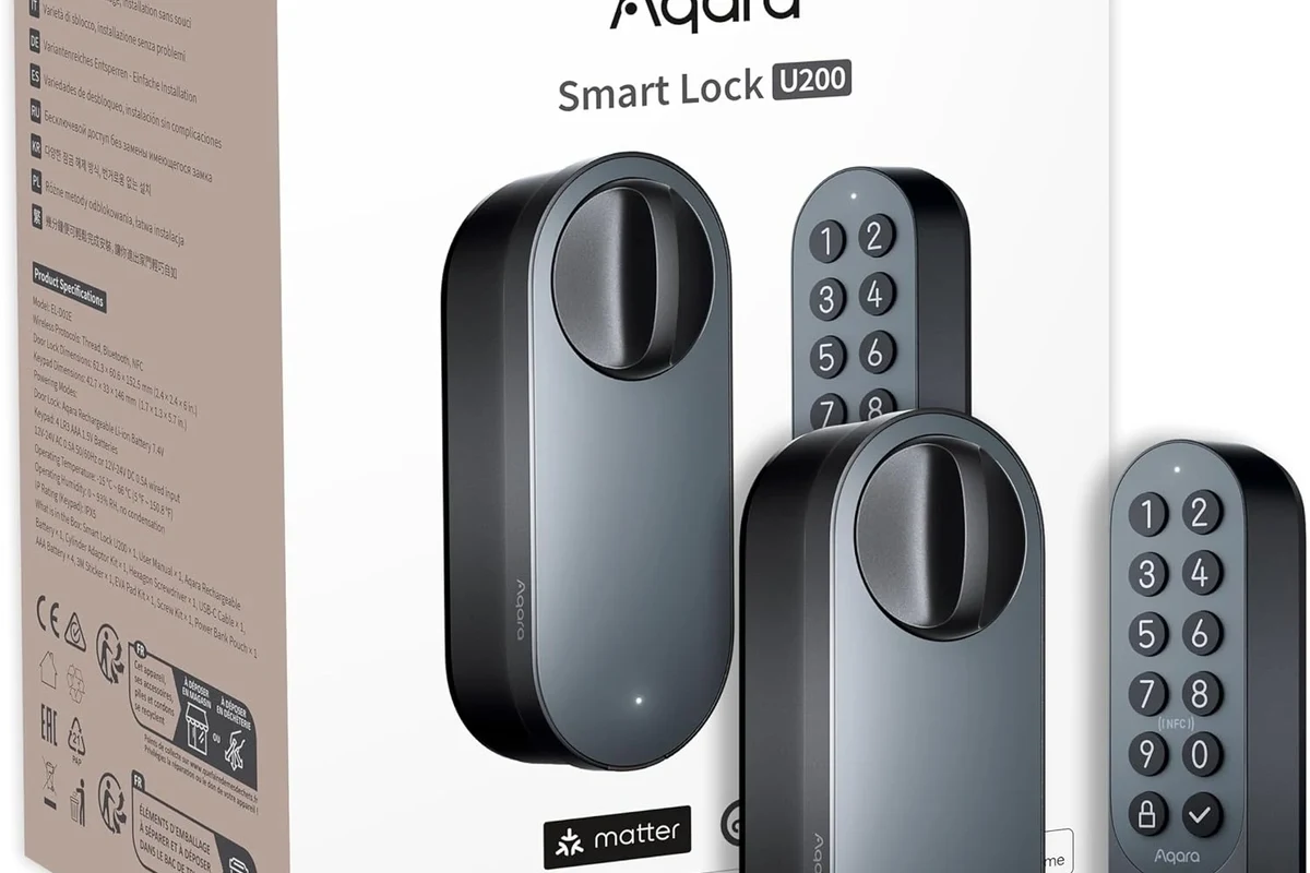 Front door smart lock on a modern home door with a phone showing smart-home control