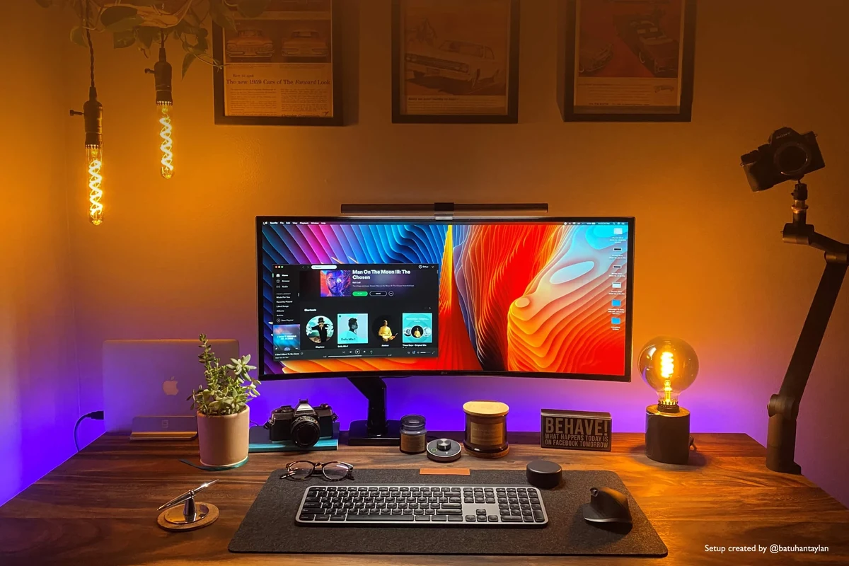 Smart LED lighting setup in a modern living room with color accents and app control