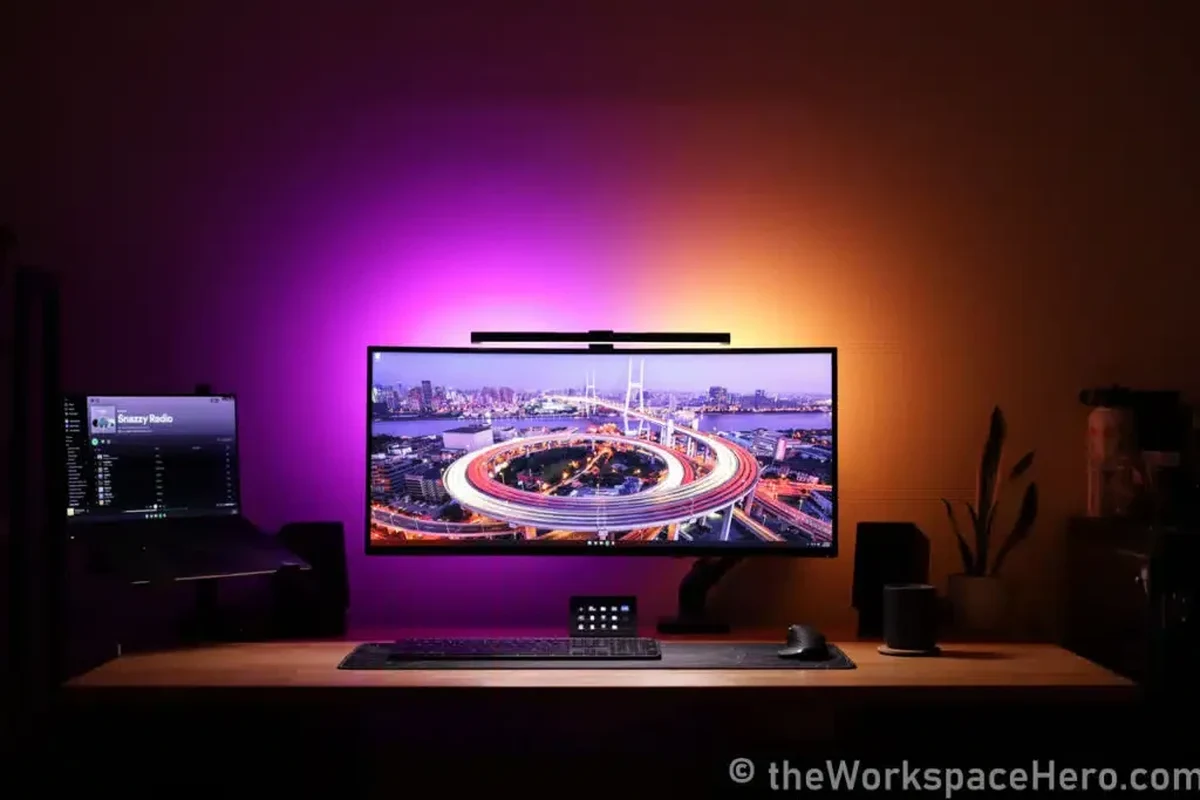 Smart LED lighting setup in a modern living room with color accents and app control
