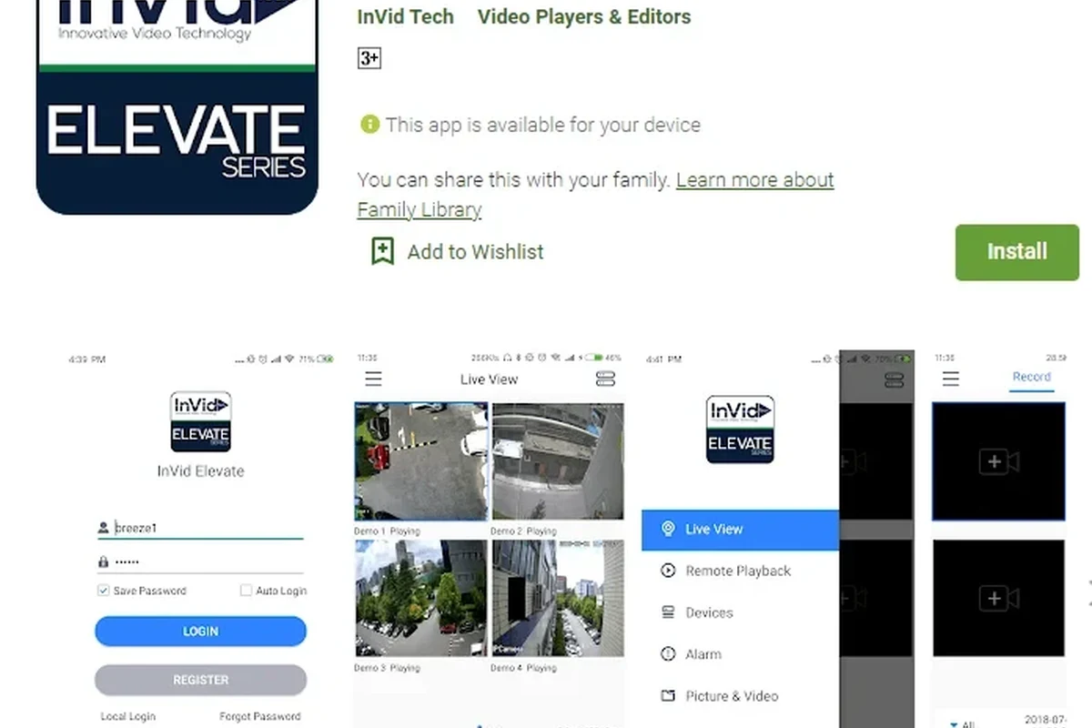 Smart home security camera dashboard organized in the Invid Elevate app