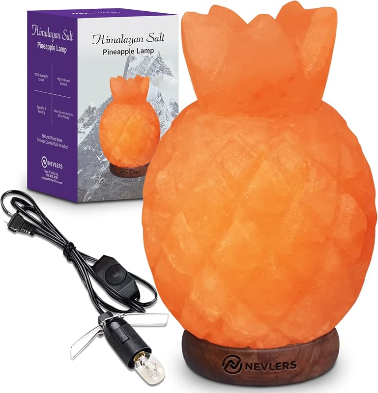 Nevlers Pineapple Himalayan Salt Lamp with wooden base and dimmer cord