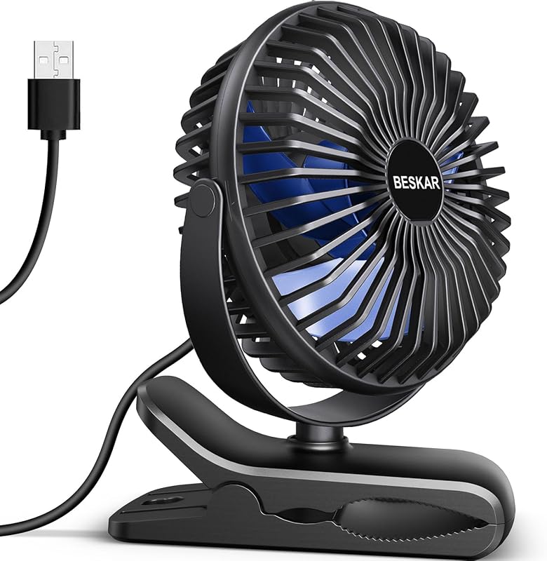 BESKAR USB Clip-on Fan, 3 Speeds, Strong Airflow, Quiet Portable Fan with Sturdy Clamp