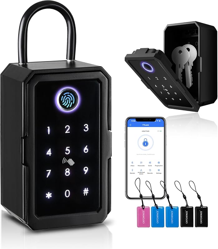 CATCHFACE Smart Key Lock Box, Bluetooth App Biometric Wall-Mounted Lockbox for Home Office