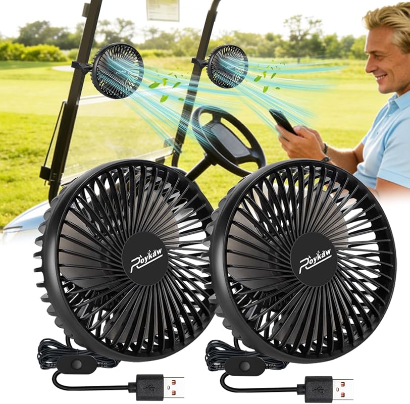 Roykaw Portable USB Golf Cart Fan with Square Tubing Clip, 3 Speeds, 360° Rotation