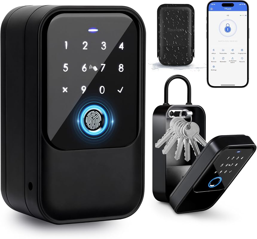 Smart key lock box with fingerprint, passcode, Bluetooth app, and IP65 waterproofing for Airbnb