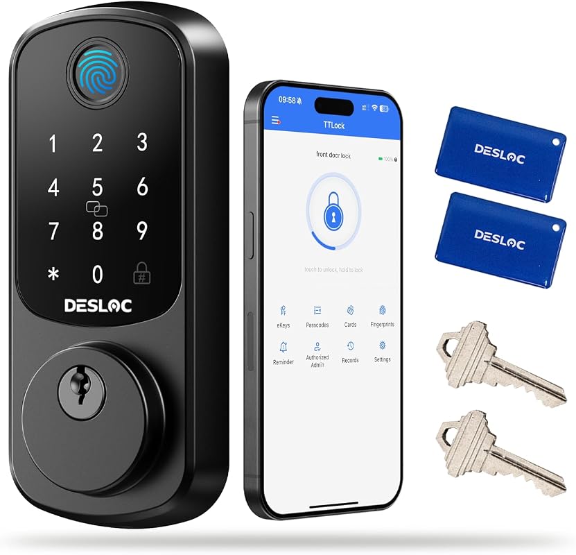 DESLOC B200 Fingerprint Smart Deadbolt with App Control, Keypad, Auto Lock, USB-C Backup