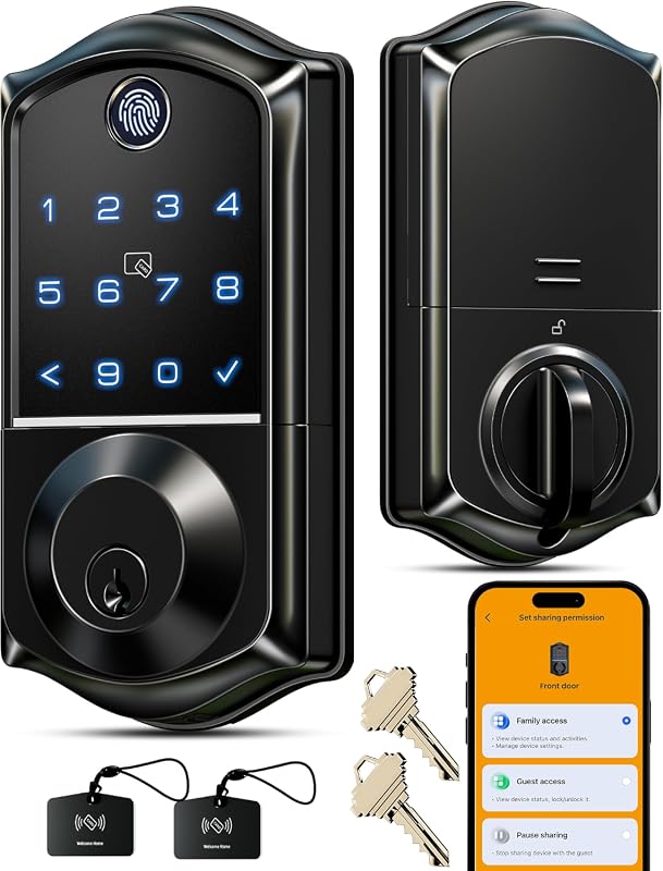 Veise VE017 Fingerprint Smart Door Lock with App Control, Keypad, Auto Lock, Matte Black