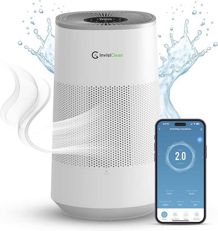 InvisiClean AquaNova 2-in-1 Air Purifier and Humidifier for Bedroom, Quiet Smart Home Use
