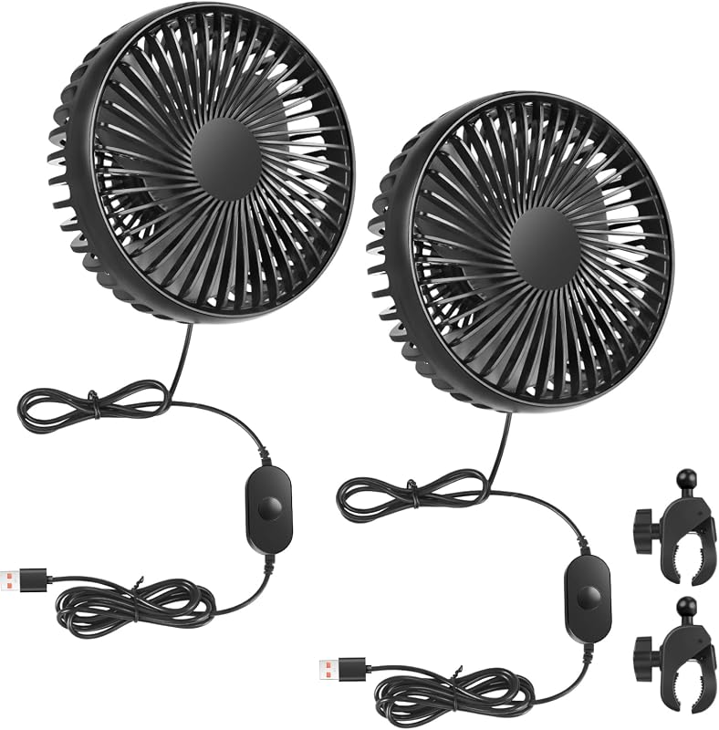 2-Pack Portable USB Golf Cart Fan with Clip Base, 3-Speed, 360° Adjustable