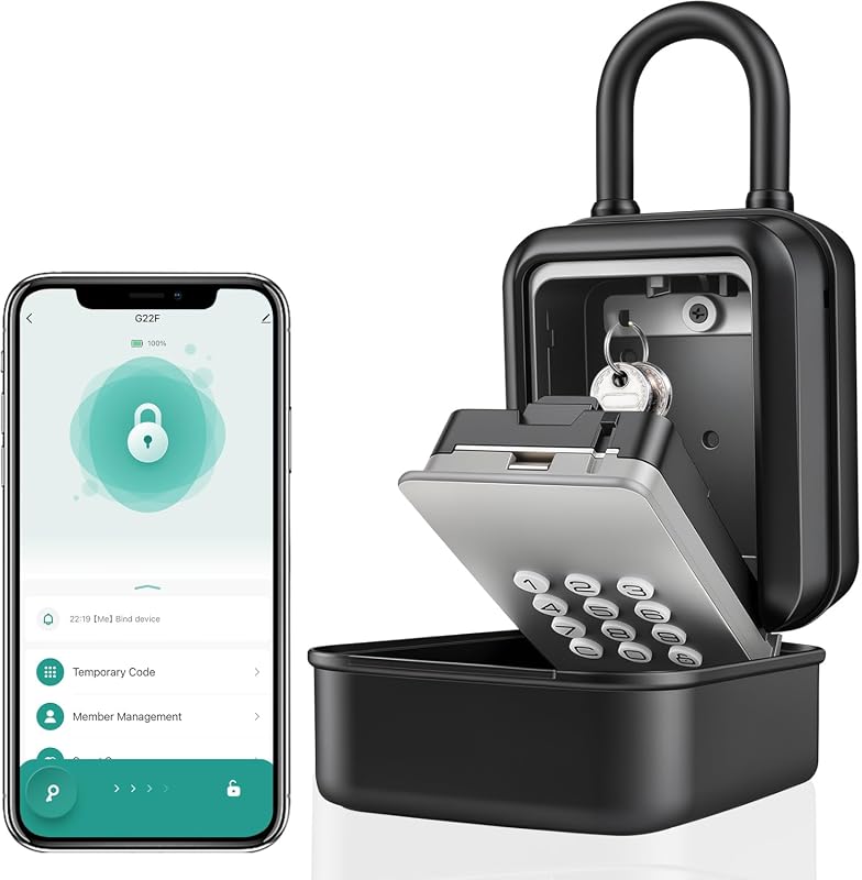 Smart key lock box with Bluetooth app, remote code sharing, PIN unlock, and IP65 zinc alloy