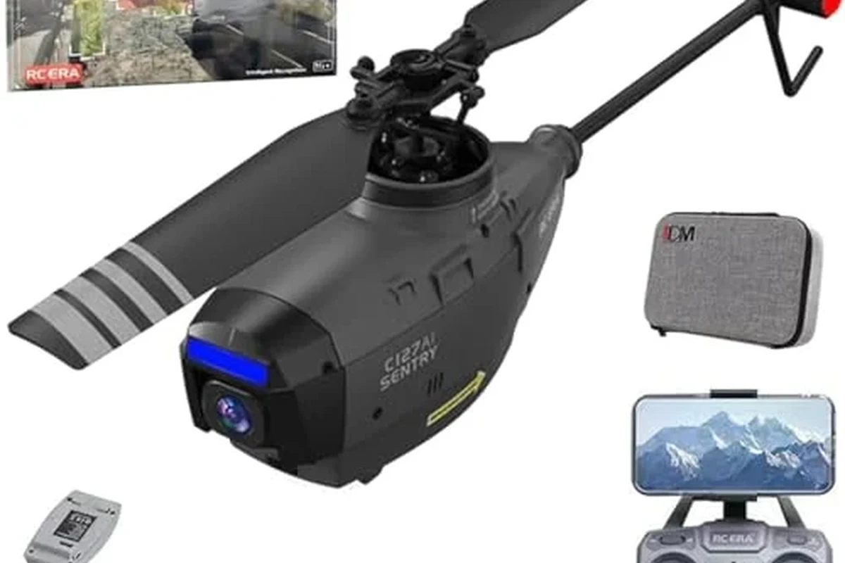 RC helicopter with camera flying indoors for simple aerial footage