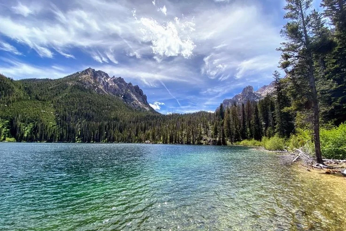 Live webcam view of Redfish Lake shoreline and mountains on a clear day