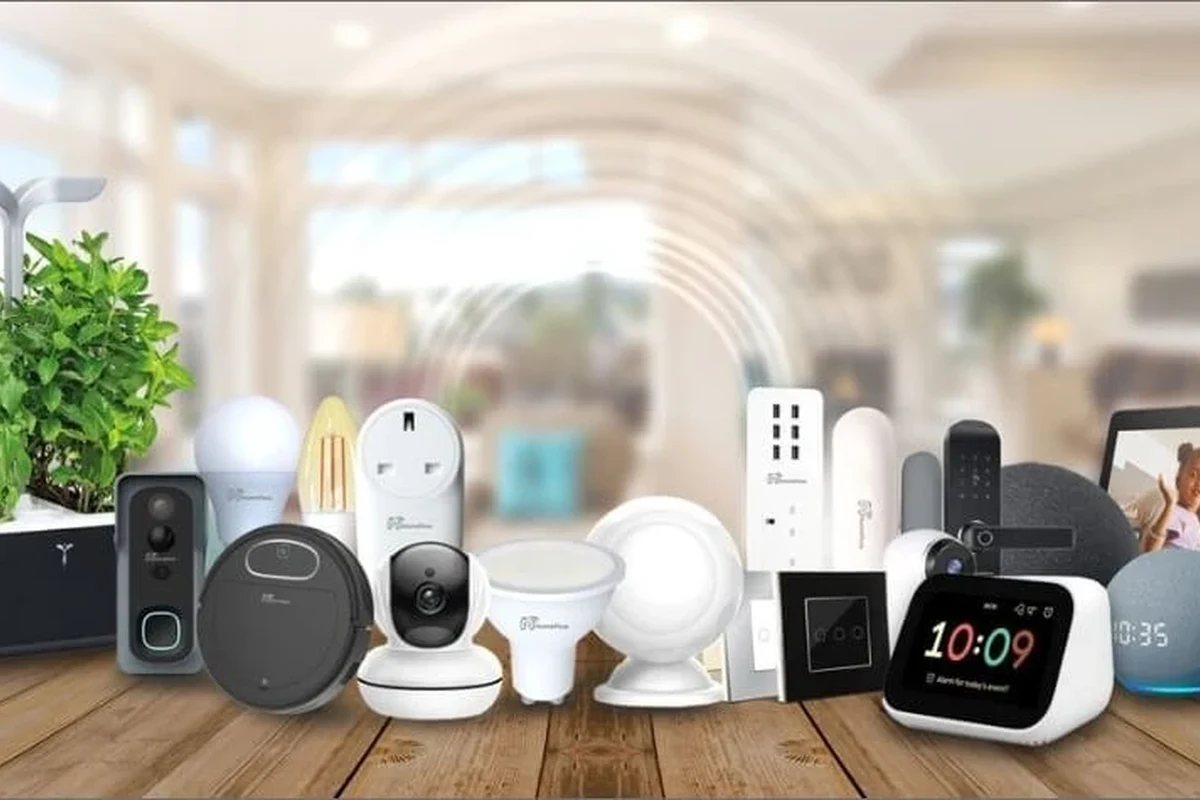 Smart lock gateway connected to a home lock, router, and smart home app on a table