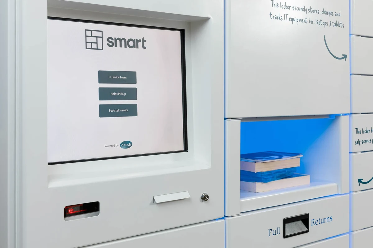 Smart locker with digital keypad and audit trail access records on a dashboard