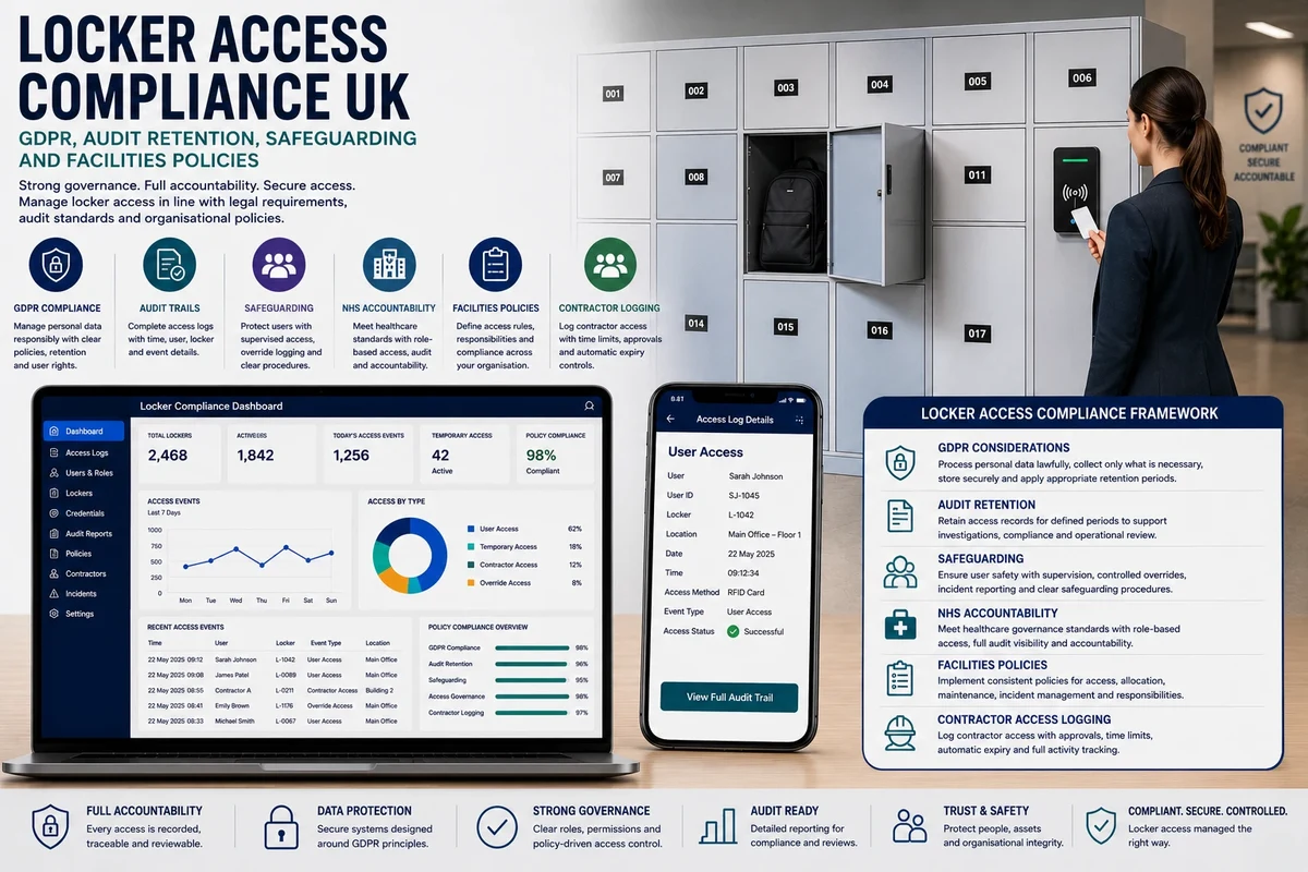 Smart locker cabinet with access panel and admin dashboard concept for GDPR data handling