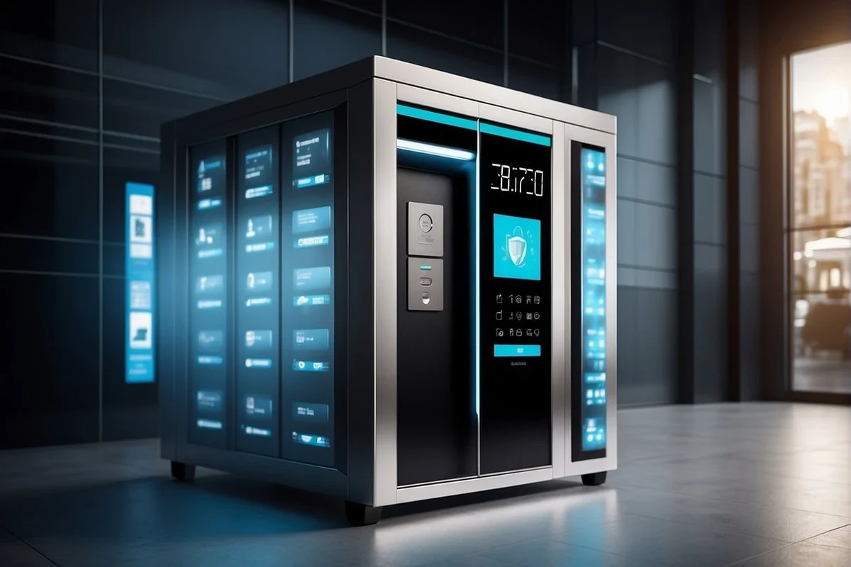 Smart locker cabinet with access panel and admin dashboard concept for GDPR data handling