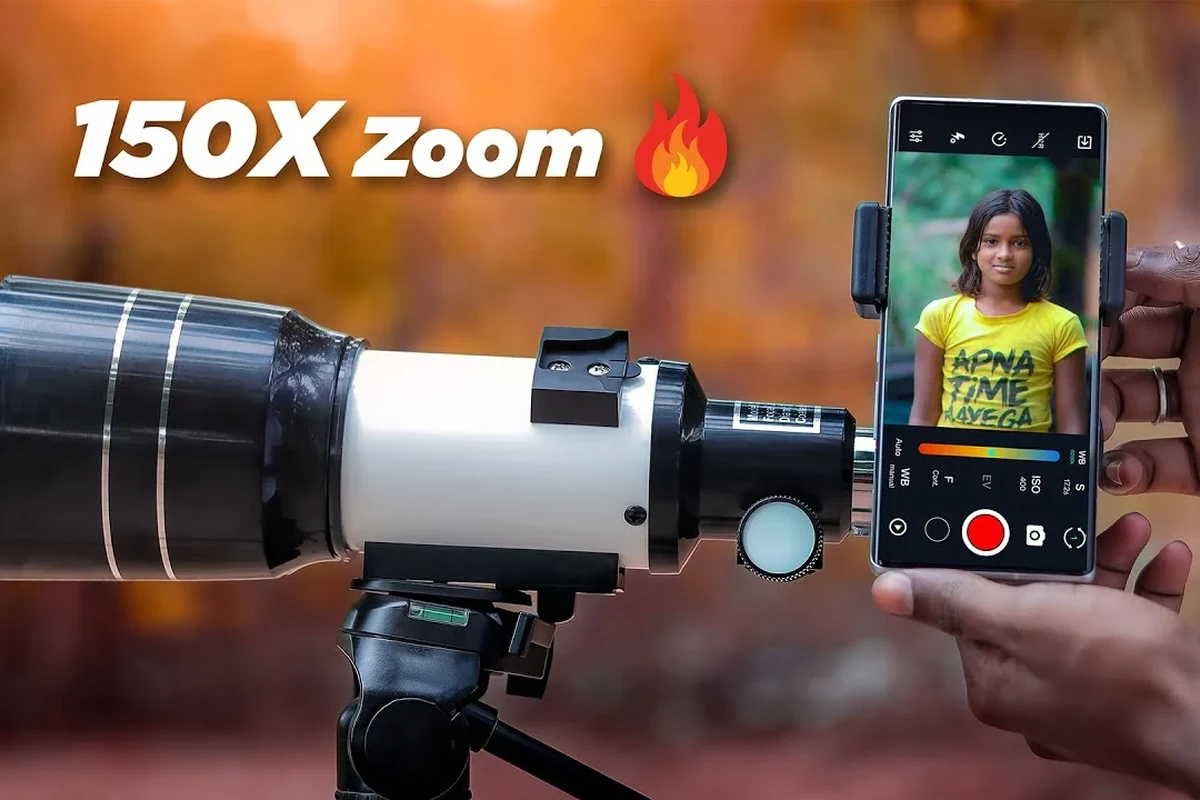 Telescopic camera on a tripod capturing a distant subject with long zoom