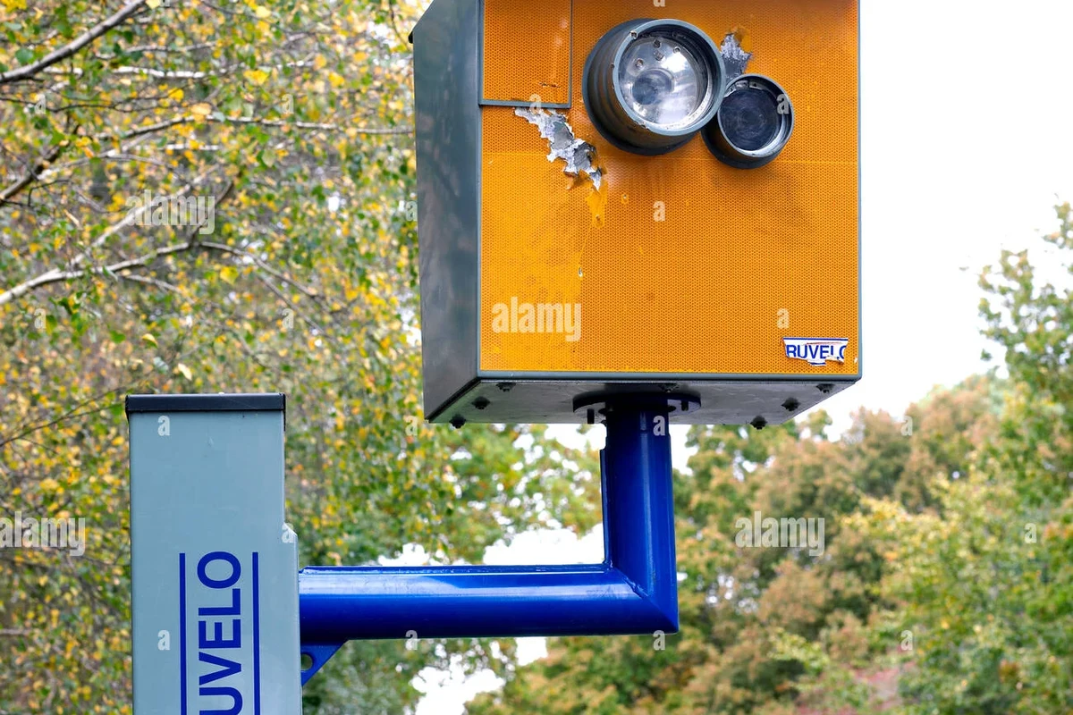 Traffic enforcement camera mounted roadside for speed monitoring on a city street