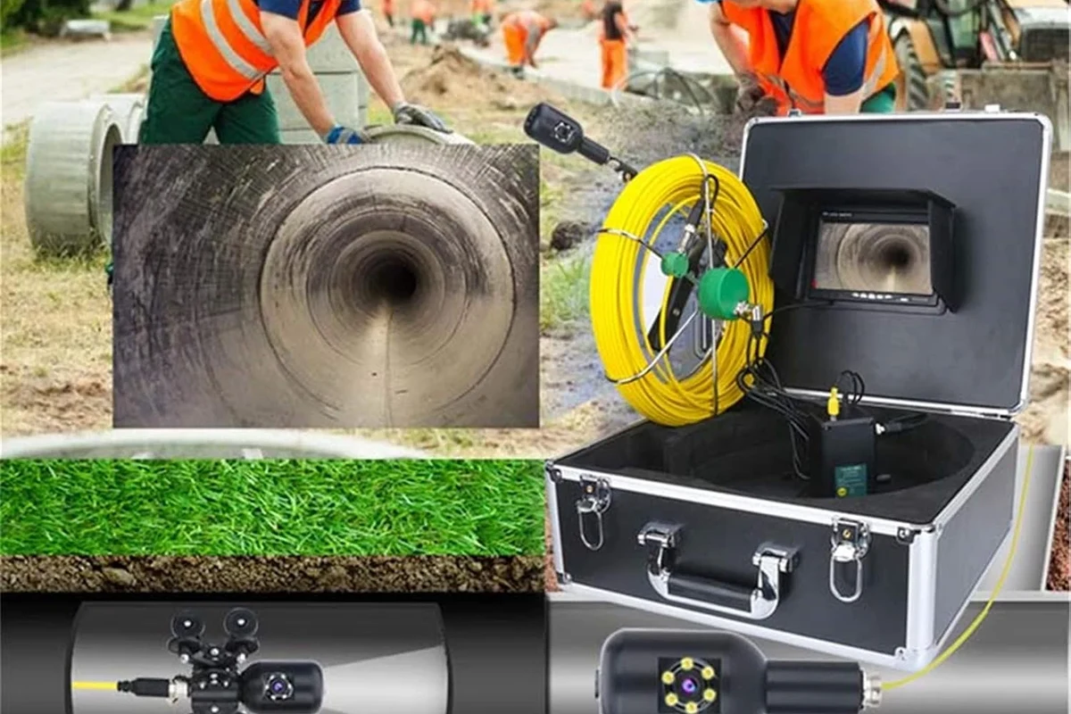 Technician-style inspection camera centered inside a household water pipe