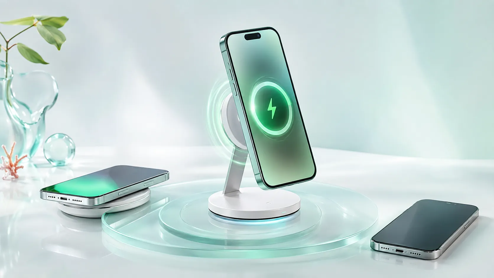 Smartphone charging wirelessly on a pad beside a cable and power adapter