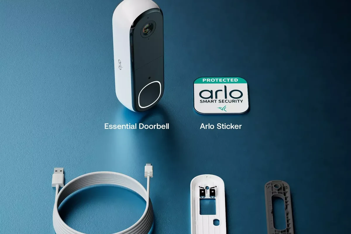 Arlo video doorbell mounted at a front door with a smartphone app showing live view