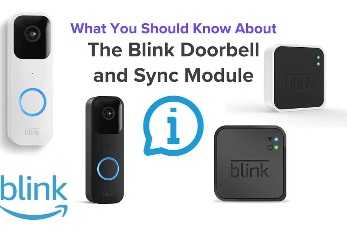Blink video doorbell mounted at a front door with a sync module nearby on a table