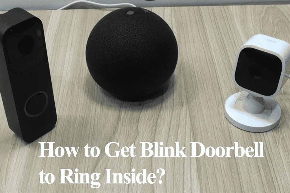Blink video doorbell mounted outside a home with a smart speaker inside for alerts