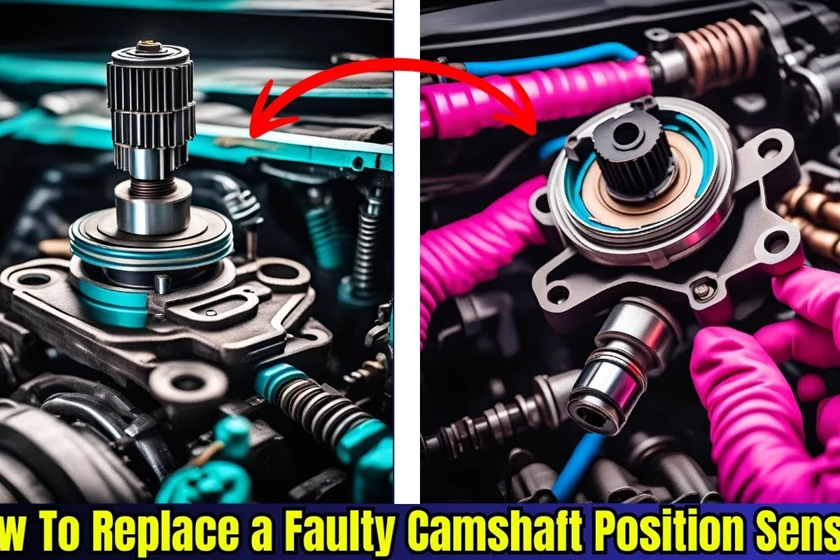 Mechanic-style close-up of a camshaft position sensor near an engine wiring harness