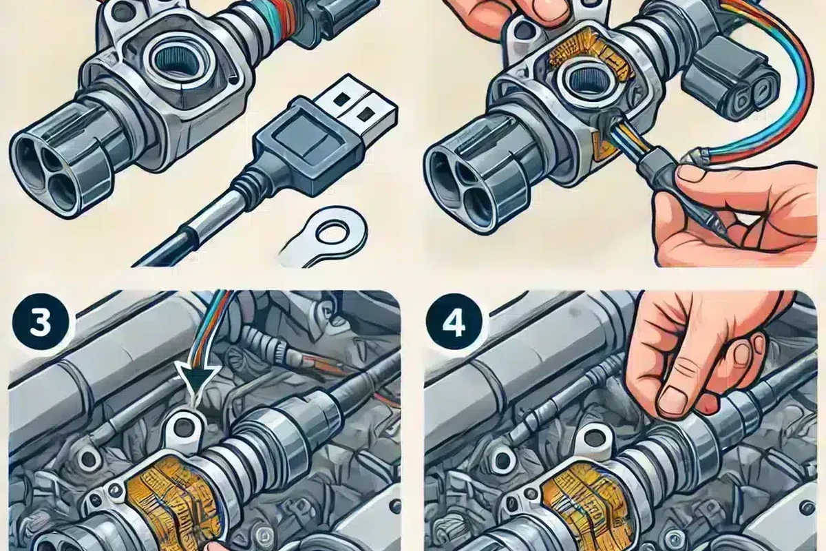 Mechanic inspecting a camshaft position sensor on an engine with diagnostic tools nearby